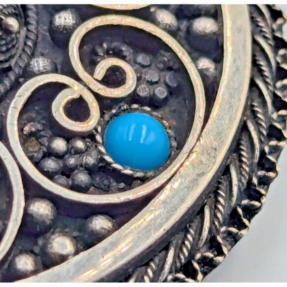 935 Sterling Silver Turquoise Jerusalem Israel Etruscan Revival Brooch Pendant - Picture 9 of 16
